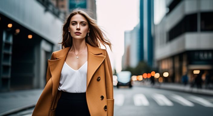 Confident woman standing in a bustling city street with diverse background.