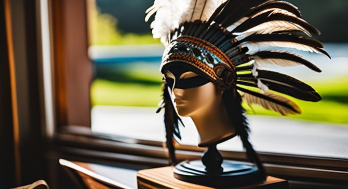 A rustic feather headdress displayed with tribal artifacts and diverse portraits.