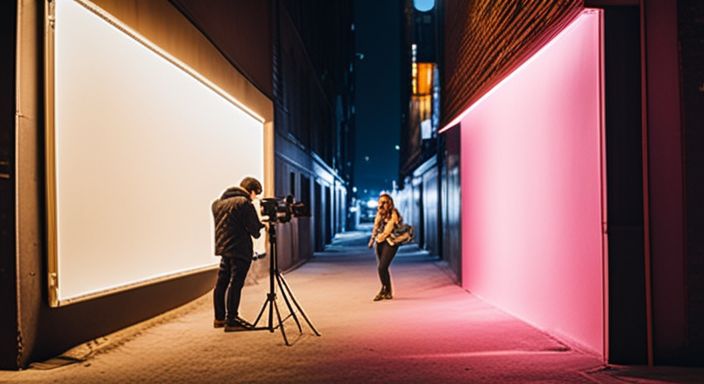 A film crew setting up a scene in a deserted alley at night.