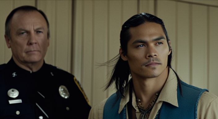Zahn McClarnon and Kiowa Gordon in traditional Navajo attire at a police station.