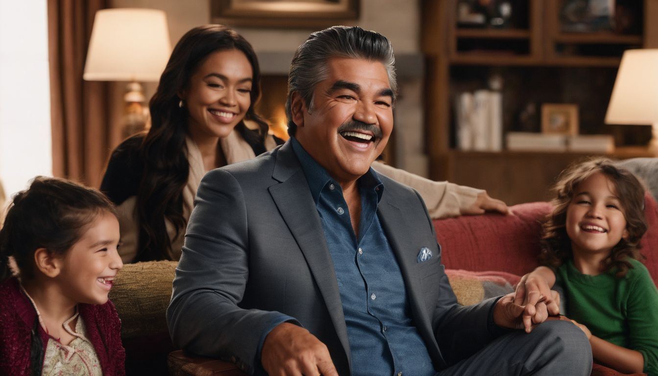George Lopez as Uncle Rudy laughing with his on-screen family in a cozy living room.