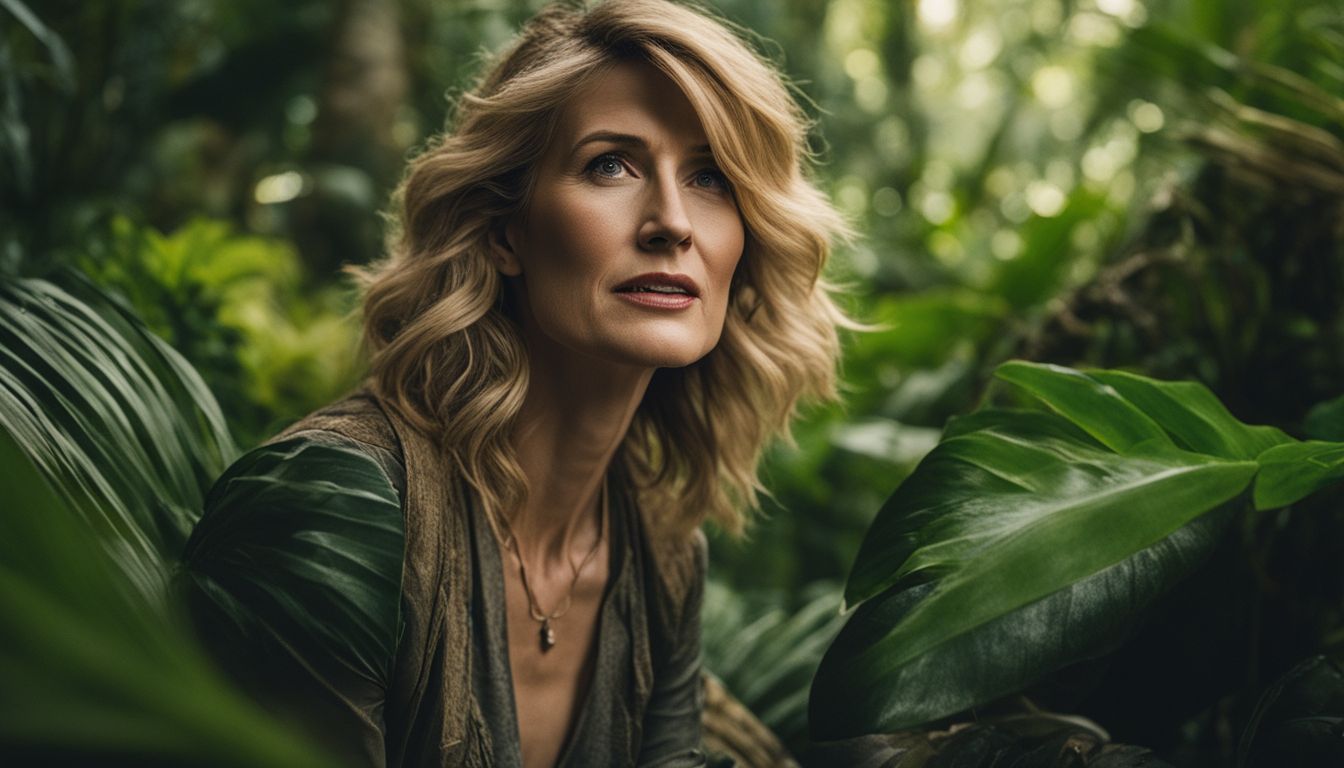 Laura Dern poses in a jungle with various wildlife and styles.