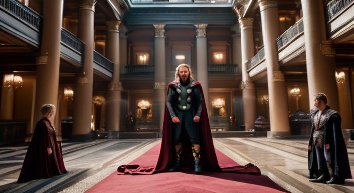 The ensemble cast of Asgardian characters in a majestic palace.