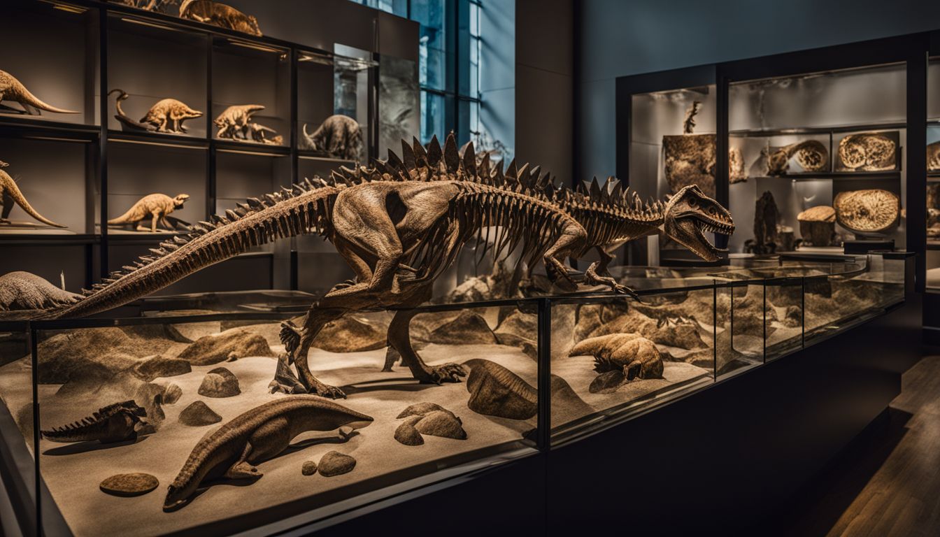 An array of dinosaur fossils displayed in a museum.