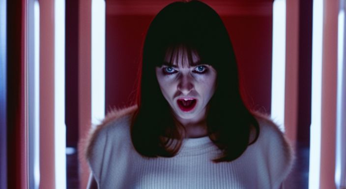 A woman with a terrified expression in a dark, eerie hallway.